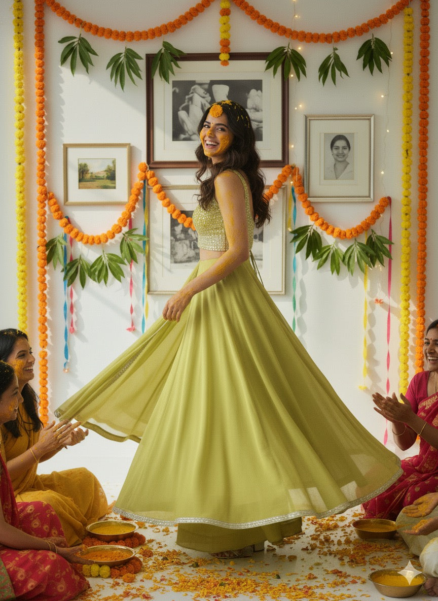 Chic Lime Green Palazzo Set with Embroidered Crop Top &amp; Dupatta
