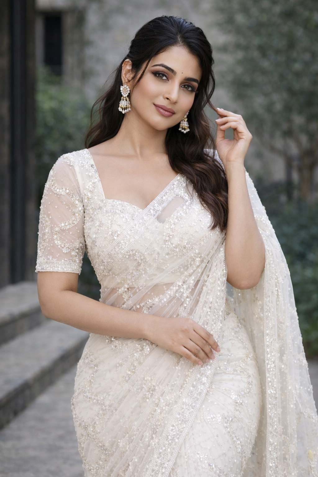 Ivory Sequin Wave Saree