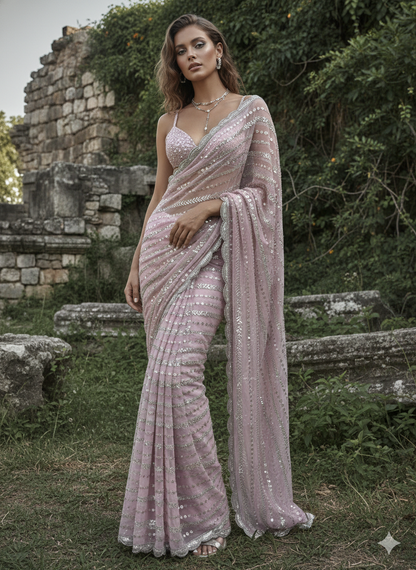 Blush Pink Hand-Embellished Net Saree