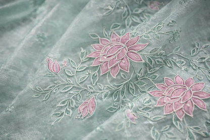 Baby Blue Floral Embroidered Organza Saree
