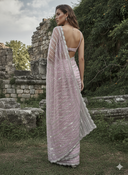 Blush Pink Hand-Embellished Net Saree