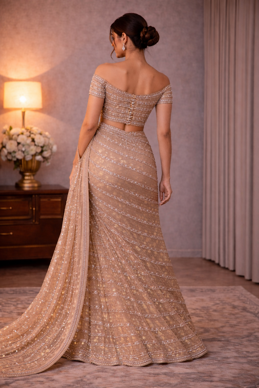 Champagne Gold Sequin Saree with Statement Blouse