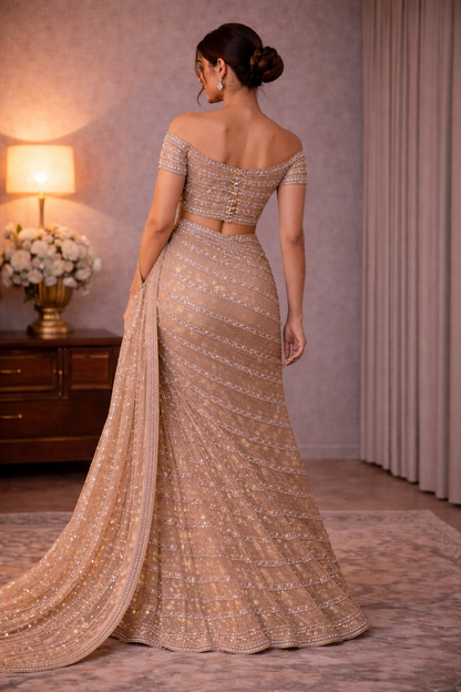 Champagne Gold Sequin Saree with Statement Blouse