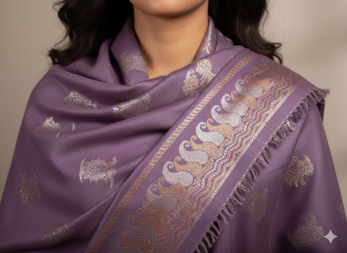 Lavender Kashmiri-Style Woolen Shawl with Gold Woven Motifs