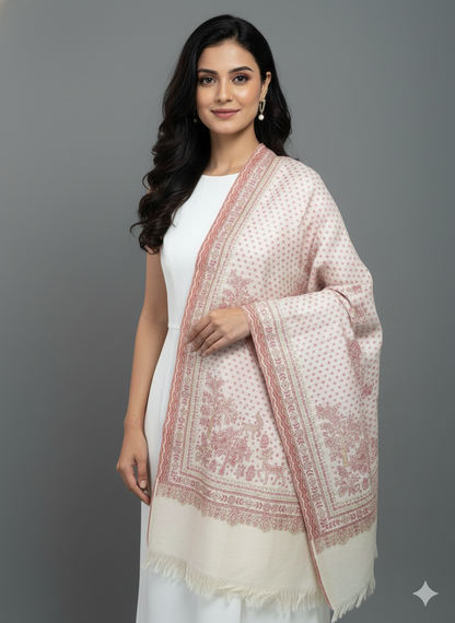 Soft Blush Kashmiri-Style Woolen Shawl with Floral Border