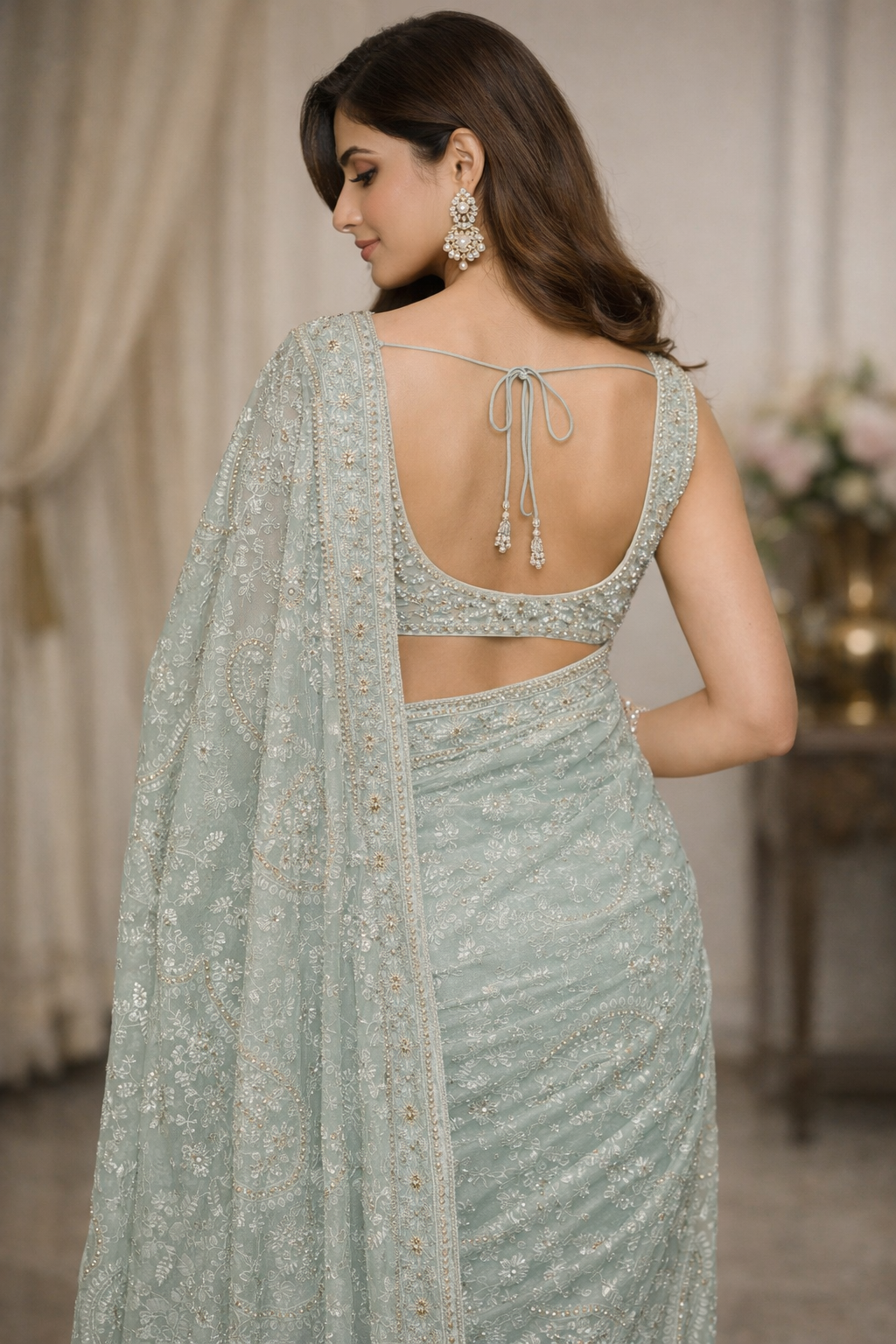 Mint Pearl Embroidered Net Saree