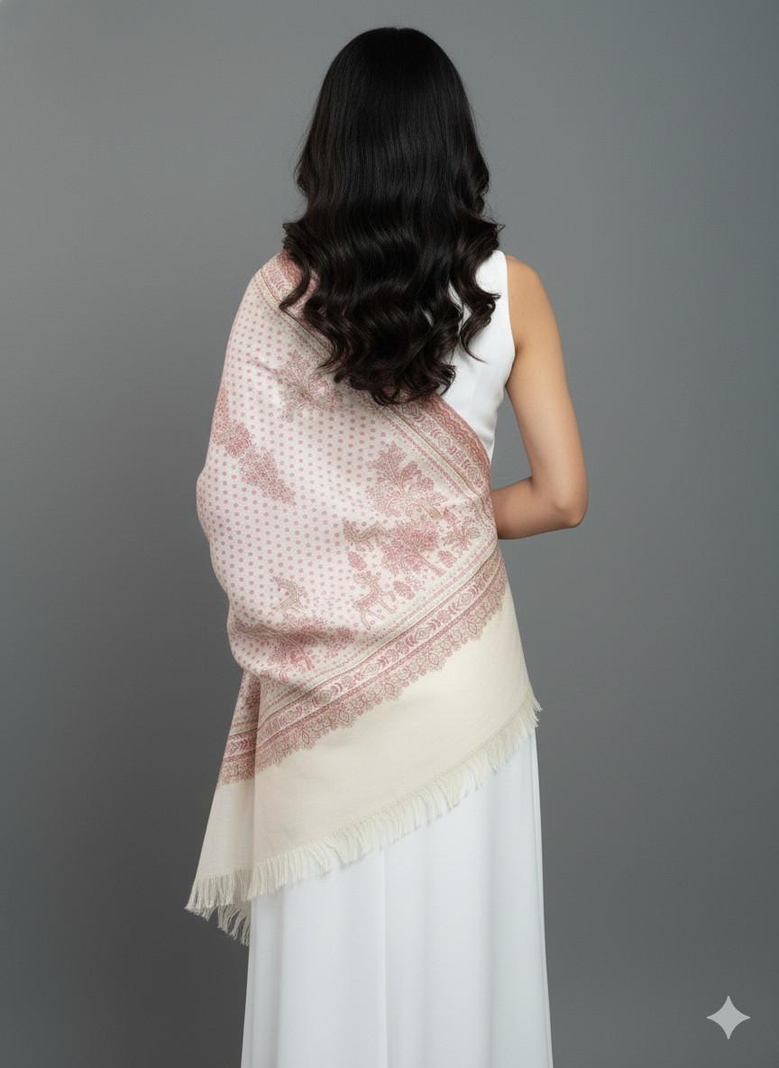 Soft Blush Kashmiri-Style Woolen Shawl with Floral Border