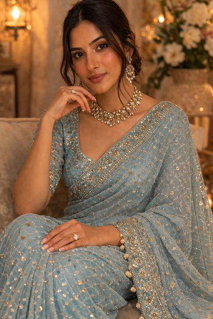 Baby Blue Embellished Net Saree
