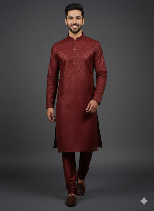 Majestic Maroon Geometric Weave Jacquard Kurta Set