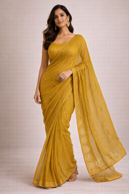 Mustard Gold Hand-Embellished Saree