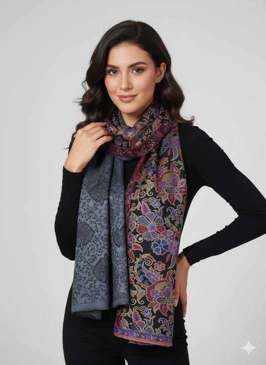 Charcoal &amp; Multicolour Kashmiri-Style Reversible Woolen Shawl