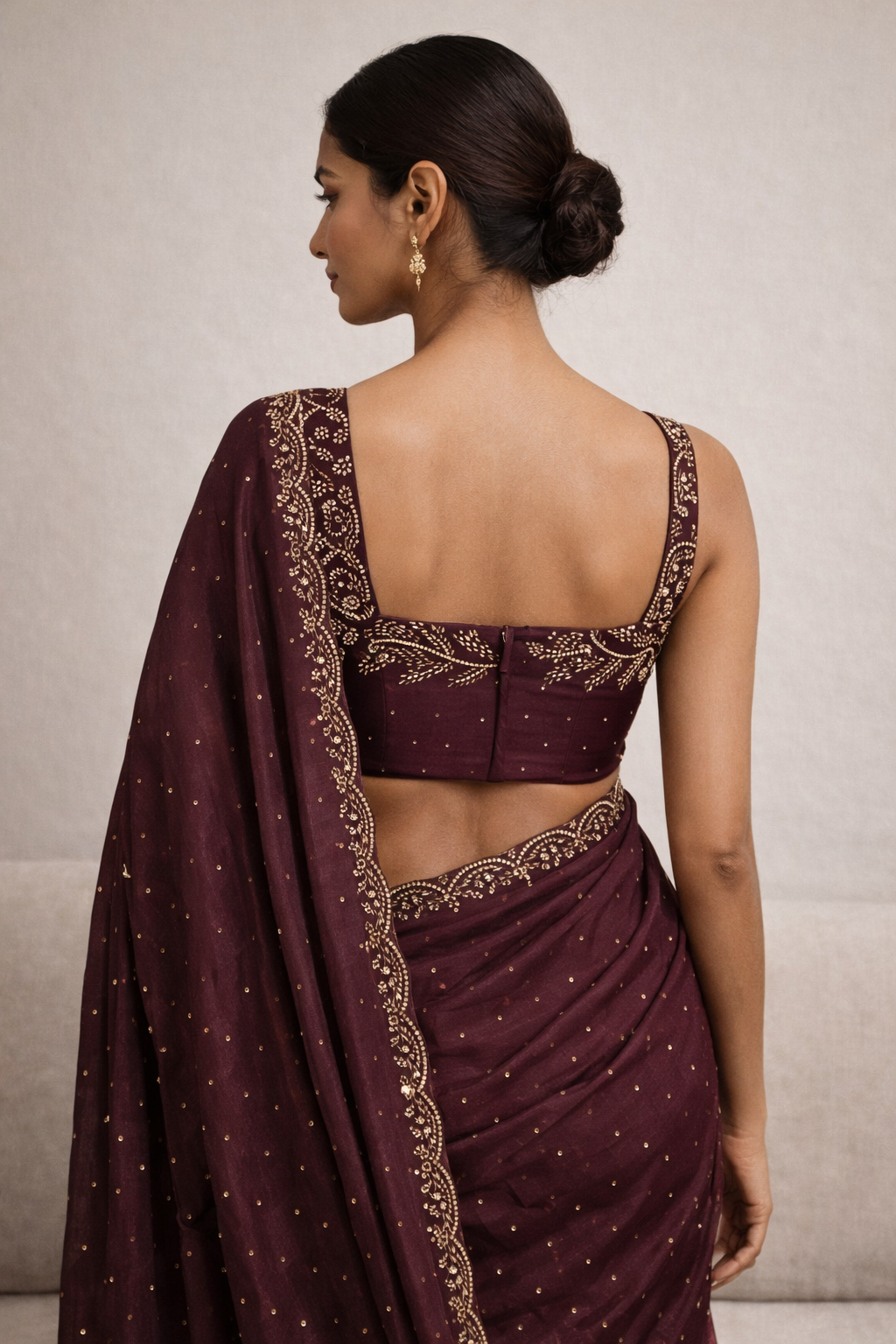 Wine Hand-Embellished Saree Set