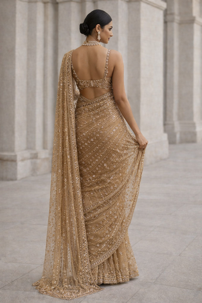 Champagne Gold Sequin Saree Set