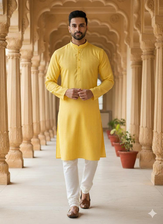 "Golden Aura" Textured Yellow Kurta with White Churidar Set