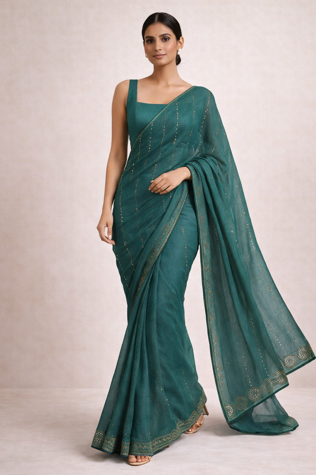 Emerald Teal Hand-Embellished Saree
