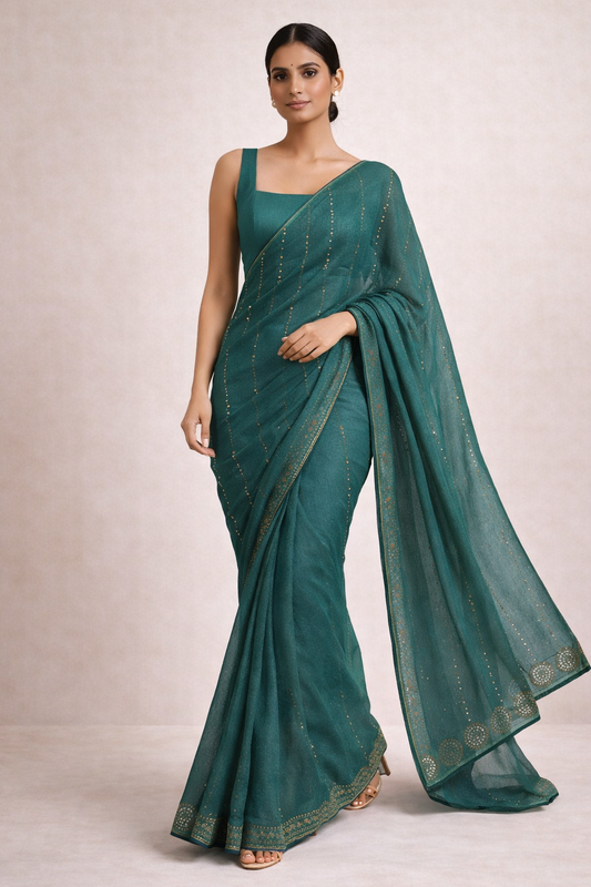 Emerald Teal Hand-Embellished Saree
