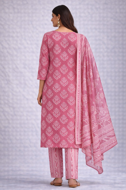 Pink Handblock Print Suit Set with Dupatta