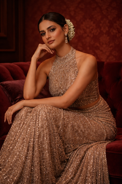 Champagne Sequin Halter Saree