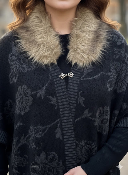 Black Fur-Collar Floral Cape