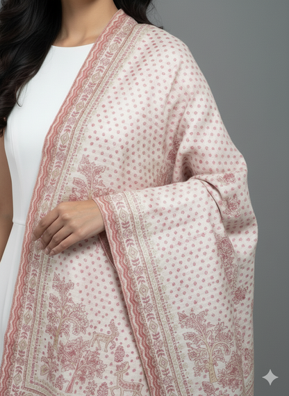 Soft Blush Kashmiri-Style Woolen Shawl with Floral Border