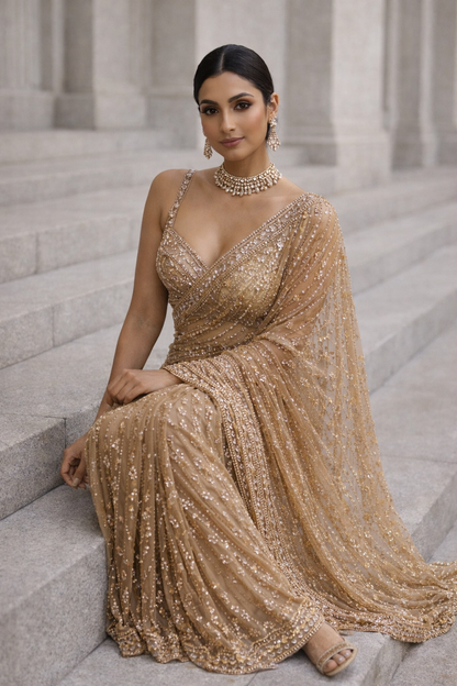 Champagne Gold Sequin Saree Set