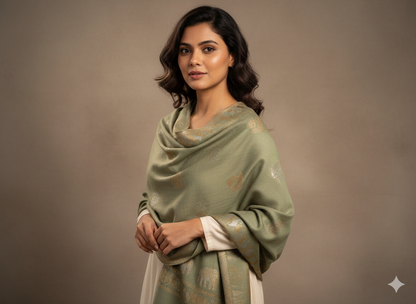Sage Green Kashmiri-Style Woolen Shawl with Gold Woven Motifs