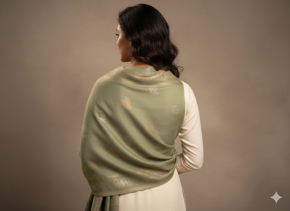 Sage Green Kashmiri-Style Woolen Shawl with Gold Woven Motifs