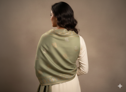 Sage Green Kashmiri-Style Woolen Shawl with Gold Woven Motifs