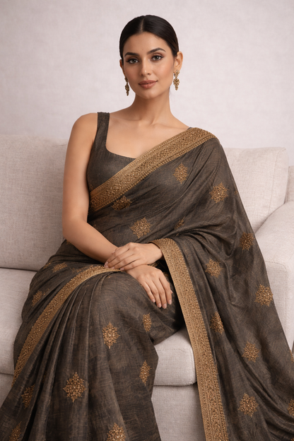 Olive Green Embroidered Border Saree