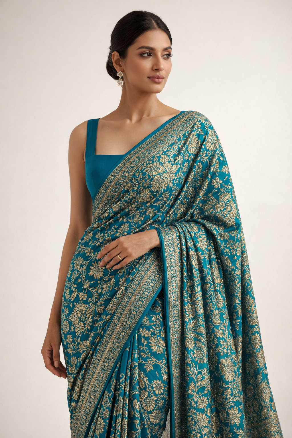 Teal Blue Floral Brocade Saree