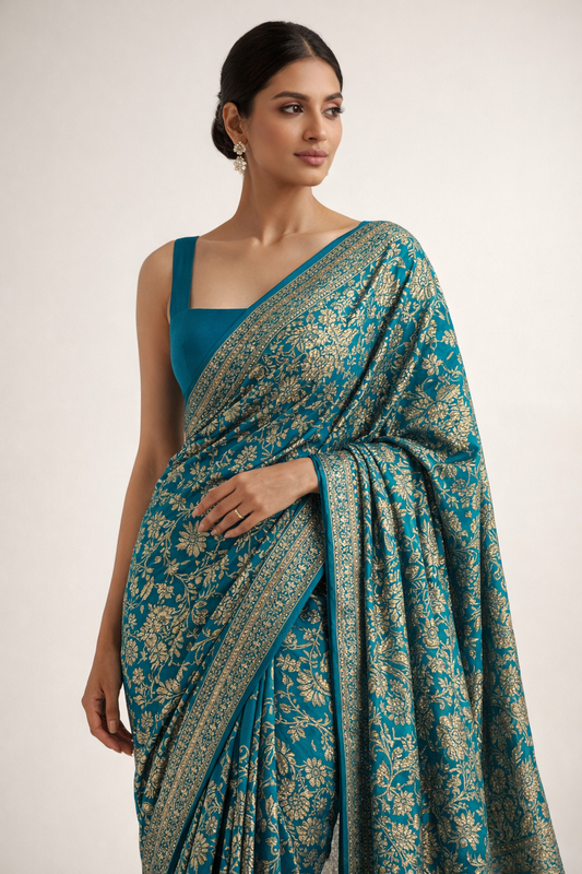 Teal Blue Floral Brocade Saree