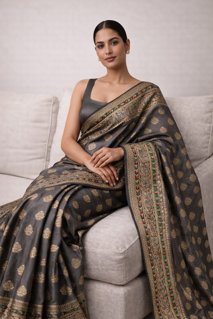 Steel Grey Traditional Zari Saree