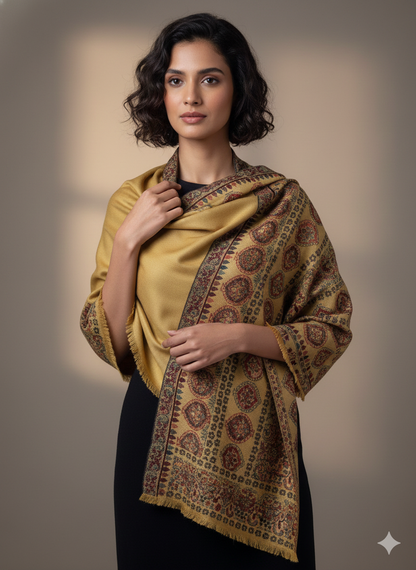 Mustard Kashmiri-Style Woolen Shawl with Traditional Medallion Motifs
