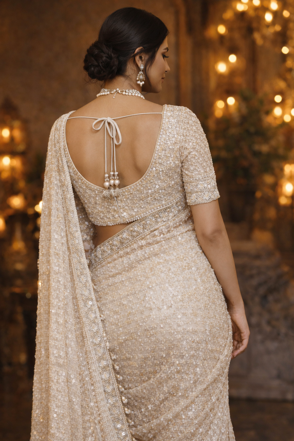 Ivory Hand-Embellished Net Saree
