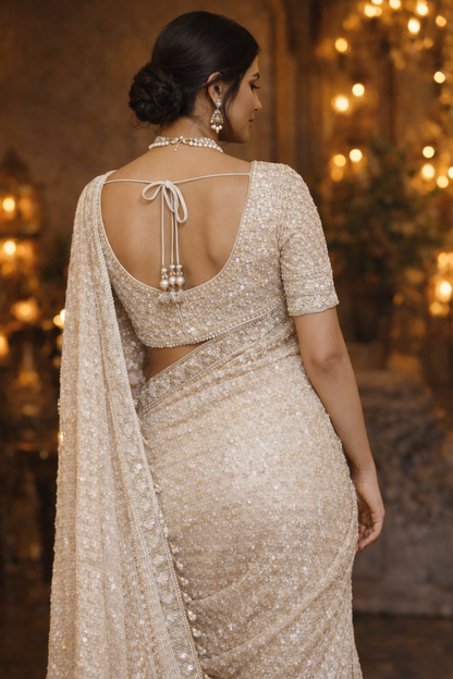 Ivory Hand-Embellished Net Saree