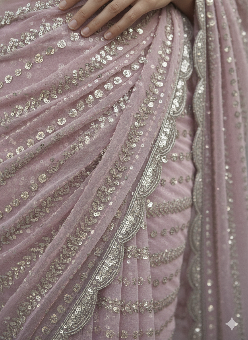 Blush Pink Hand-Embellished Net Saree
