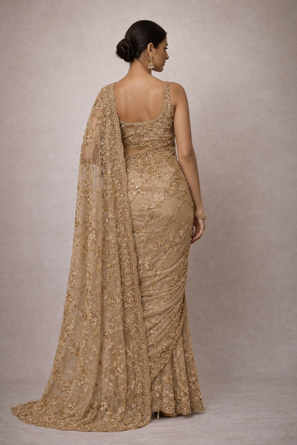 Golden Champagne Sequin Net Saree