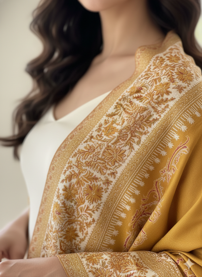 Mustard Kashmiri-Style Woolen Shawl with Intricate Woven Border