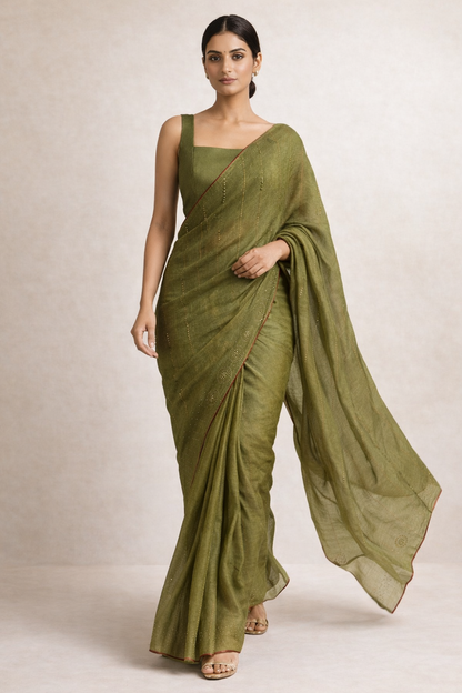 Olive Green Hand-Embellished Saree