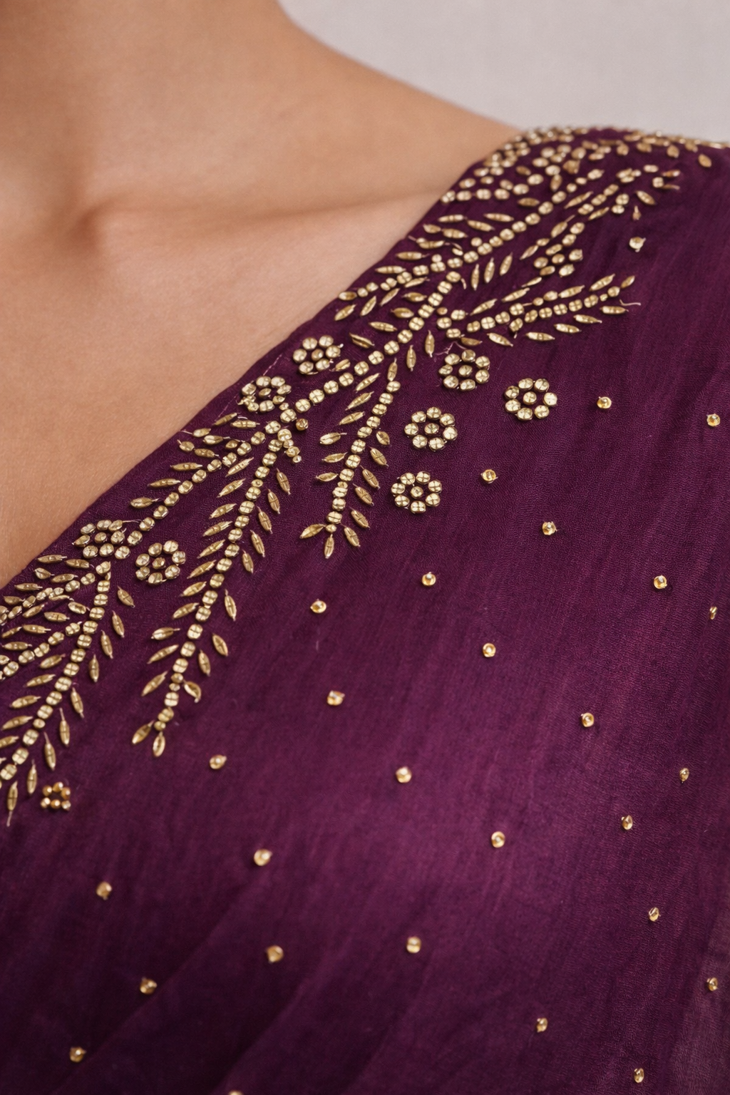 Wine Hand-Embellished Saree Set