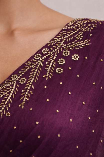 Wine Hand-Embellished Saree Set
