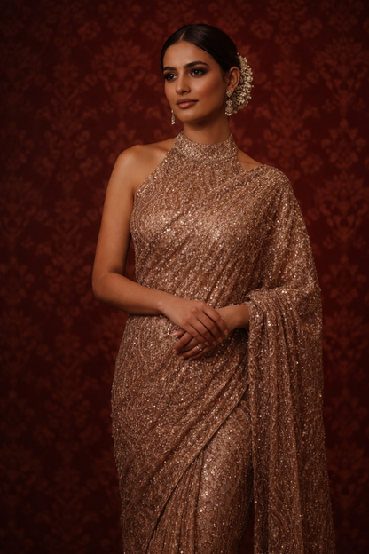 Champagne Sequin Halter Saree