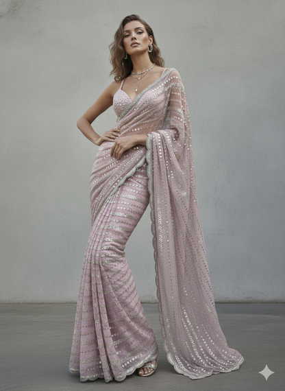 Blush Pink Hand-Embellished Net Saree
