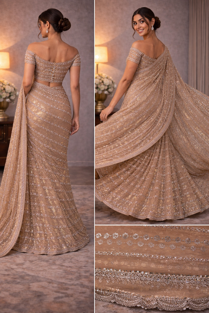 Champagne Gold Sequin Saree with Statement Blouse