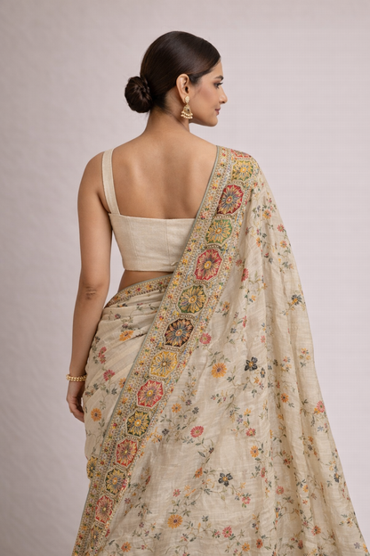 Ivory Floral Embroidered Saree