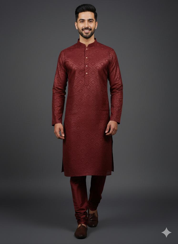 Majestic Maroon Geometric Weave Jacquard Kurta Set