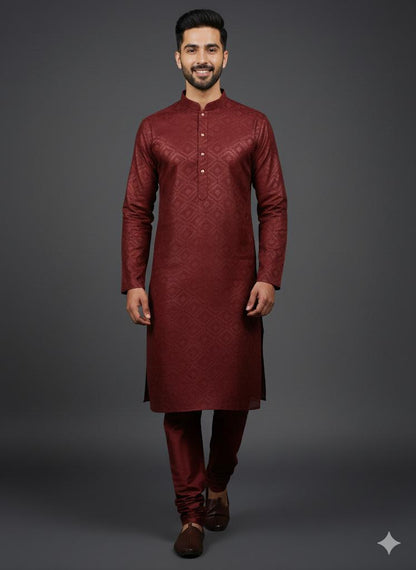 Majestic Maroon Geometric Weave Jacquard Kurta Set