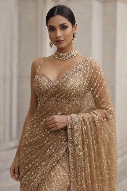 Champagne Gold Sequin Saree Set