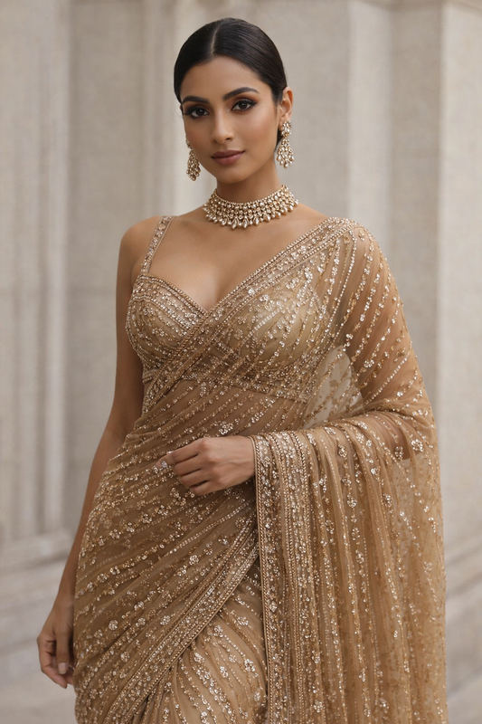 Champagne Gold Sequin Saree Set