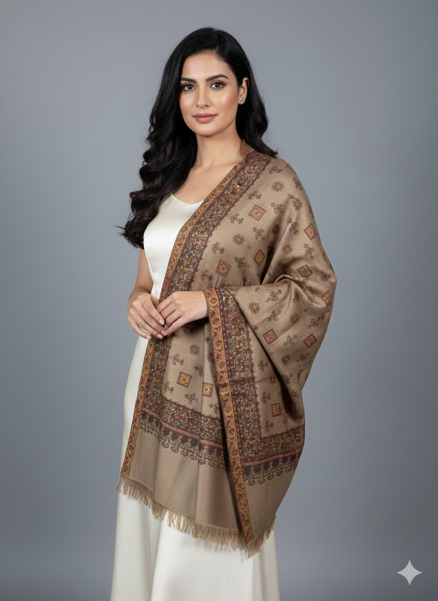 Warm Taupe Kashmiri-Style Woolen Shawl with Traditional Motifs